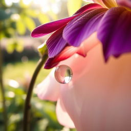 A close-up, artistic depiction of a delicate flower with intricate petals, vibrant colors, and a dewdrop resting on its surface, showcasing the beauty of nature