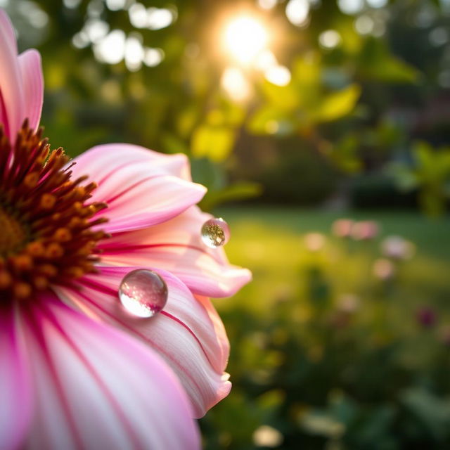 A close-up, artistic depiction of a delicate flower with intricate petals, vibrant colors, and a dewdrop resting on its surface, showcasing the beauty of nature