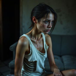 An extremely emaciated young woman with prominent bones and visible scratches, sitting sideways in a dimly lit room