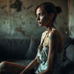 An extremely emaciated young woman with prominent bones and visible scratches, sitting sideways in a dimly lit room