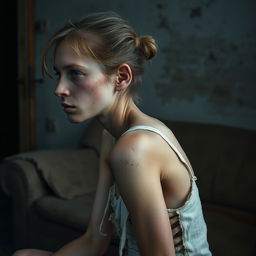 An extremely emaciated young woman with prominent bones and visible scratches, sitting sideways in a dimly lit room