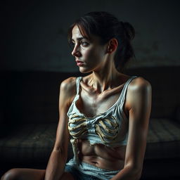 An extremely emaciated young woman with prominent bones and visible scratches, sitting sideways in a dimly lit room