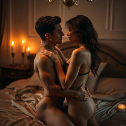A sensual and elegant scene featuring two adults in a luxurious bedroom setting, softly lit by warm candles