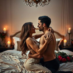 A sensual and elegant scene featuring two adults in a luxurious bedroom setting, softly lit by warm candles