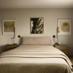 A cozy, well-lit bedroom with a comfortable king-size bed, stylish bedside tables, plush carpeting, and natural-themed artwork.