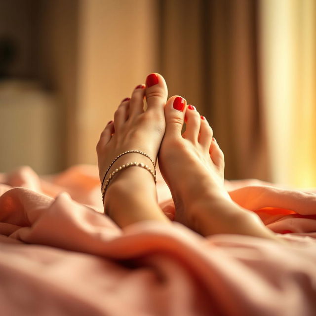 Aesthetically pleasing close-up shot of elegantly manicured feet resting on a soft, luxurious fabric