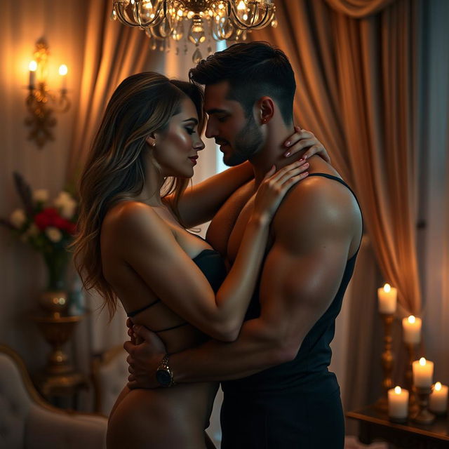 A sensual and intimate scene between two adult figures, showcasing a passionate connection between them