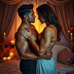 A sensual and intimate scene between two adult figures, showcasing a passionate connection between them