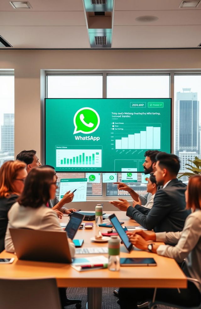 A diverse group of professionals in a modern office, engaged in a strategic meeting about WhatsApp marketing strategies