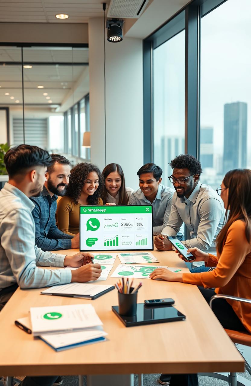 A diverse group of professionals in a modern office, engaged in a strategic meeting about WhatsApp marketing strategies
