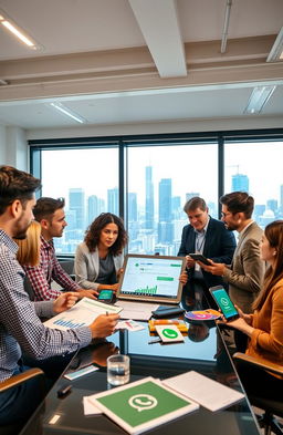 A diverse group of professionals in a modern office, engaged in a strategic meeting about WhatsApp marketing strategies