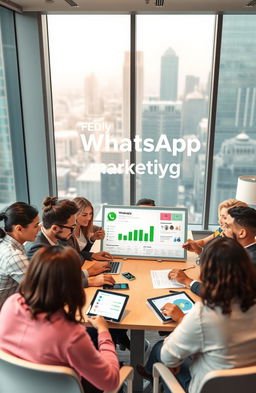 A diverse group of professionals in a modern office, engaged in a strategic meeting about WhatsApp marketing strategies