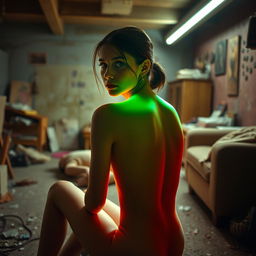 A slender young woman with vibrant neon backlighting, sitting in a dirty, cluttered room