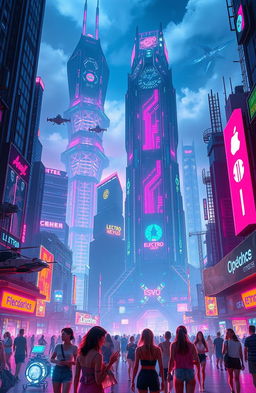 A futuristic electronic cityscape called "Electro Nexus", featuring towering skyscrapers with intricate neon lights, vibrant holograms, and a bustling nightlife
