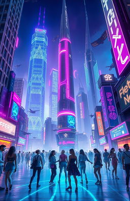A futuristic electronic cityscape called "Electro Nexus", featuring towering skyscrapers with intricate neon lights, vibrant holograms, and a bustling nightlife