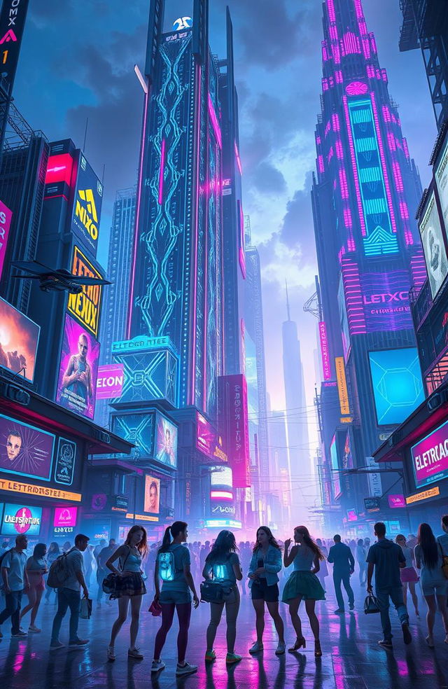 A futuristic electronic cityscape called "Electro Nexus", featuring towering skyscrapers with intricate neon lights, vibrant holograms, and a bustling nightlife