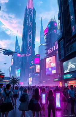 A futuristic electronic cityscape called "Electro Nexus", featuring towering skyscrapers with intricate neon lights, vibrant holograms, and a bustling nightlife