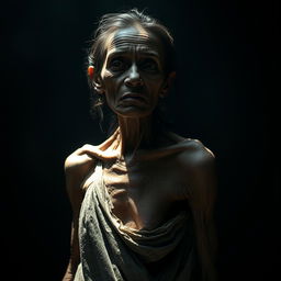 An emaciated woman standing in deep shadows, her gaunt features illuminated by a single focused beam of light that highlights the contours of her body, emphasizing the struggle for survival