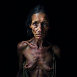 An emaciated woman standing in deep shadows, her gaunt features illuminated by a single focused beam of light that highlights the contours of her body, emphasizing the struggle for survival