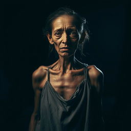 An emaciated woman standing in deep shadows, her gaunt features illuminated by a single focused beam of light that highlights the contours of her body, emphasizing the struggle for survival