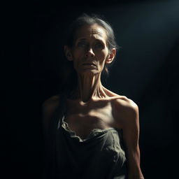 An emaciated woman standing in deep shadows, her gaunt features illuminated by a single focused beam of light that highlights the contours of her body, emphasizing the struggle for survival