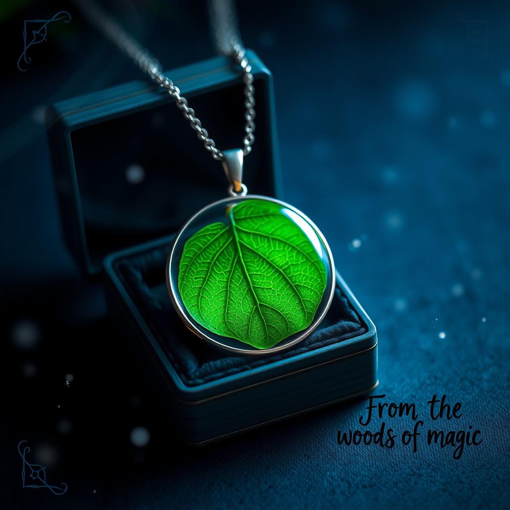 A stunning, close-up image of an elegant necklace beautifully encasing a vibrant green leaf, showcasing intricate vein details of the leaf