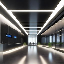 Generate an image of a sleek, detailed virtual space-themed lobby for promoting solar products and inverters