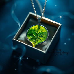 A stunning, close-up image of an elegant necklace beautifully encasing a vibrant green leaf, showcasing intricate vein details of the leaf