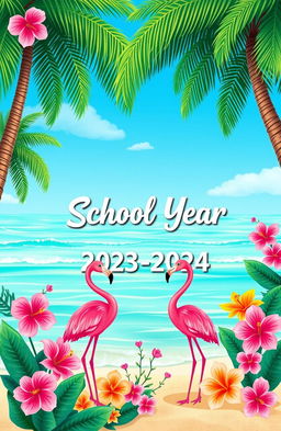 A vibrant school cover page designed with a flamingo theme