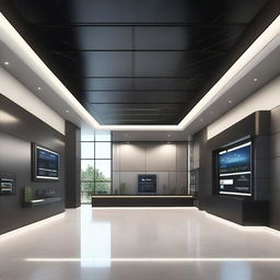 Generate an image of a sleek, detailed virtual space-themed lobby for promoting solar products and inverters