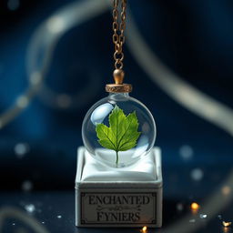 A stunning close-up of an elegant necklace featuring a vibrant green leaf encased inside a round vial