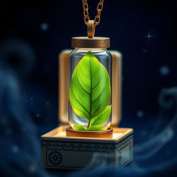 A stunning close-up of an elegant necklace featuring a vibrant green leaf encased inside a round vial