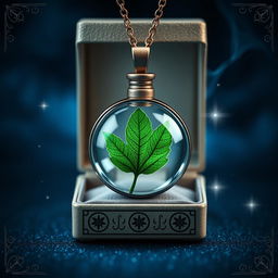 A stunning close-up of an elegant necklace featuring a vibrant green leaf encased inside a round vial