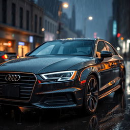 A sleek Audi A3, highlighted under shimmering raindrops, showcasing a unique carbon print design that adds an artistic touch to its glossy surface