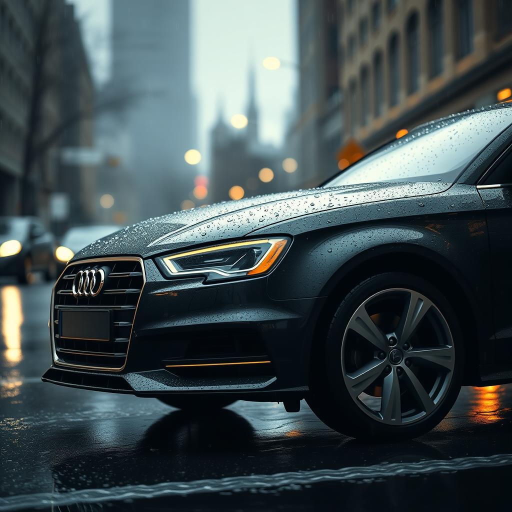 A sleek Audi A3, highlighted under shimmering raindrops, showcasing a unique carbon print design that adds an artistic touch to its glossy surface