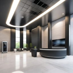 Generate an image of a sleek, detailed virtual space-themed lobby for promoting solar products and inverters