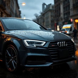 A sleek Audi A3, highlighted under shimmering raindrops, showcasing a unique carbon print design that adds an artistic touch to its glossy surface