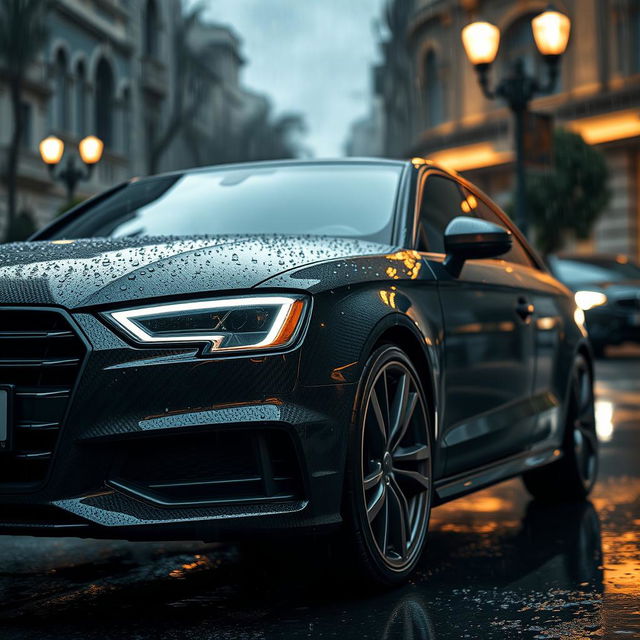 A sleek Audi A3, highlighted under shimmering raindrops, showcasing a unique carbon print design that adds an artistic touch to its glossy surface