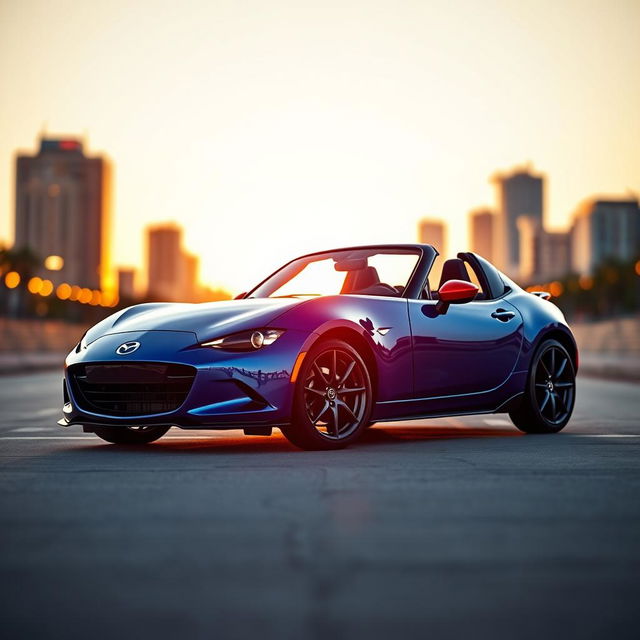 A vibrant blue Mazda Miata V18, featuring a stunning orange accent design