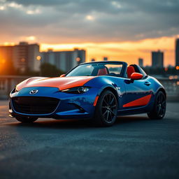 A vibrant blue Mazda Miata V18, featuring a stunning orange accent design