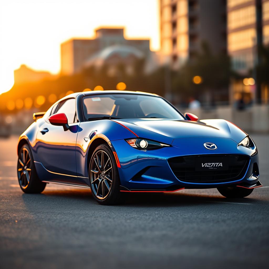 A vibrant blue Mazda Miata V18, featuring a stunning orange accent design