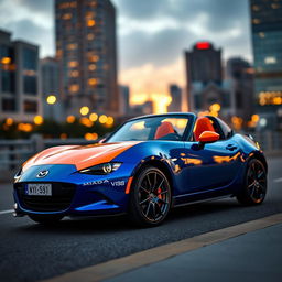 A vibrant blue Mazda Miata V18, featuring a stunning orange accent design
