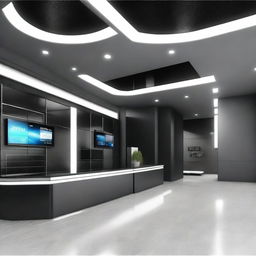 Generate an image of a sleek, detailed virtual space-themed lobby for promoting solar products and inverters