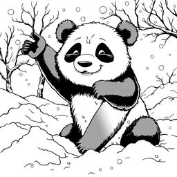 A whimsical black line drawing in a comic book style featuring a detailed, high-contrast panda with a mischievous expression