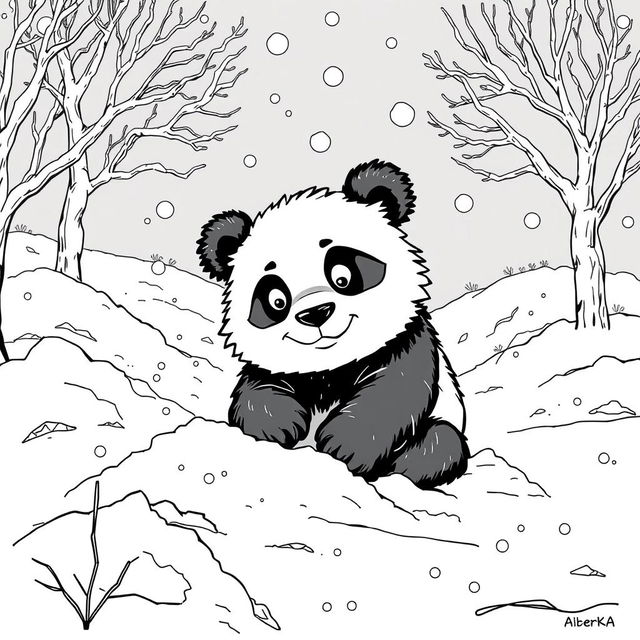 A whimsical black line drawing in a comic book style featuring a detailed, high-contrast panda with a mischievous expression