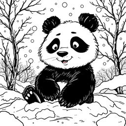 A whimsical black line drawing in a comic book style featuring a detailed, high-contrast panda with a mischievous expression