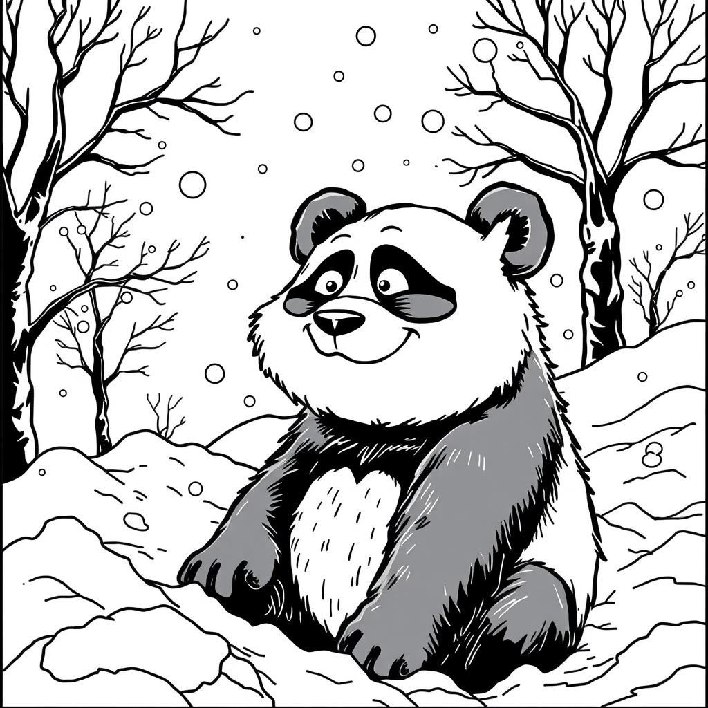 A whimsical black line drawing in a comic book style featuring a detailed, high-contrast panda with a mischievous expression