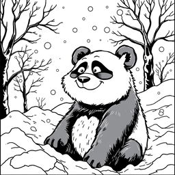 A whimsical black line drawing in a comic book style featuring a detailed, high-contrast panda with a mischievous expression