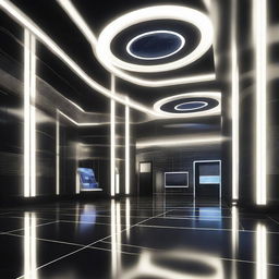 Construct an image of an intricately detailed, sleekly designed, virtual space-themed lobby that promotes solar products and inverters