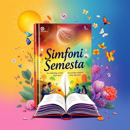 An artistic representation of a book titled 'Simfoni Semesta', an anthology of poems about life and spirit, compiled by students and teachers of a vocational high school